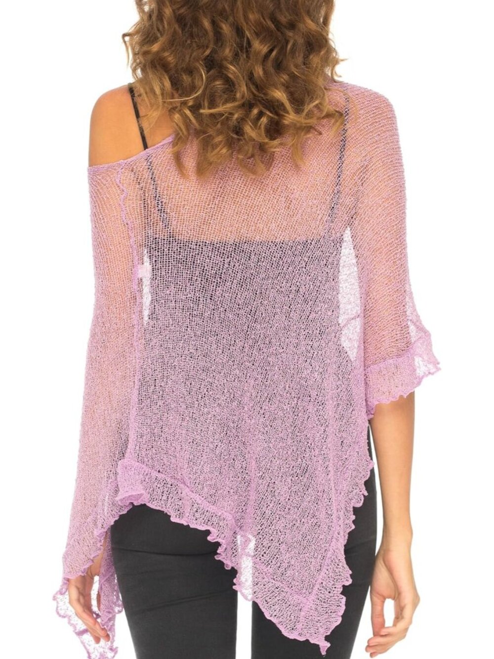 Women’s Lavender Sheer Knit Poncho Shrug Lightweight Asymmetrical Ruffle Wraps - Picture 5 of 6